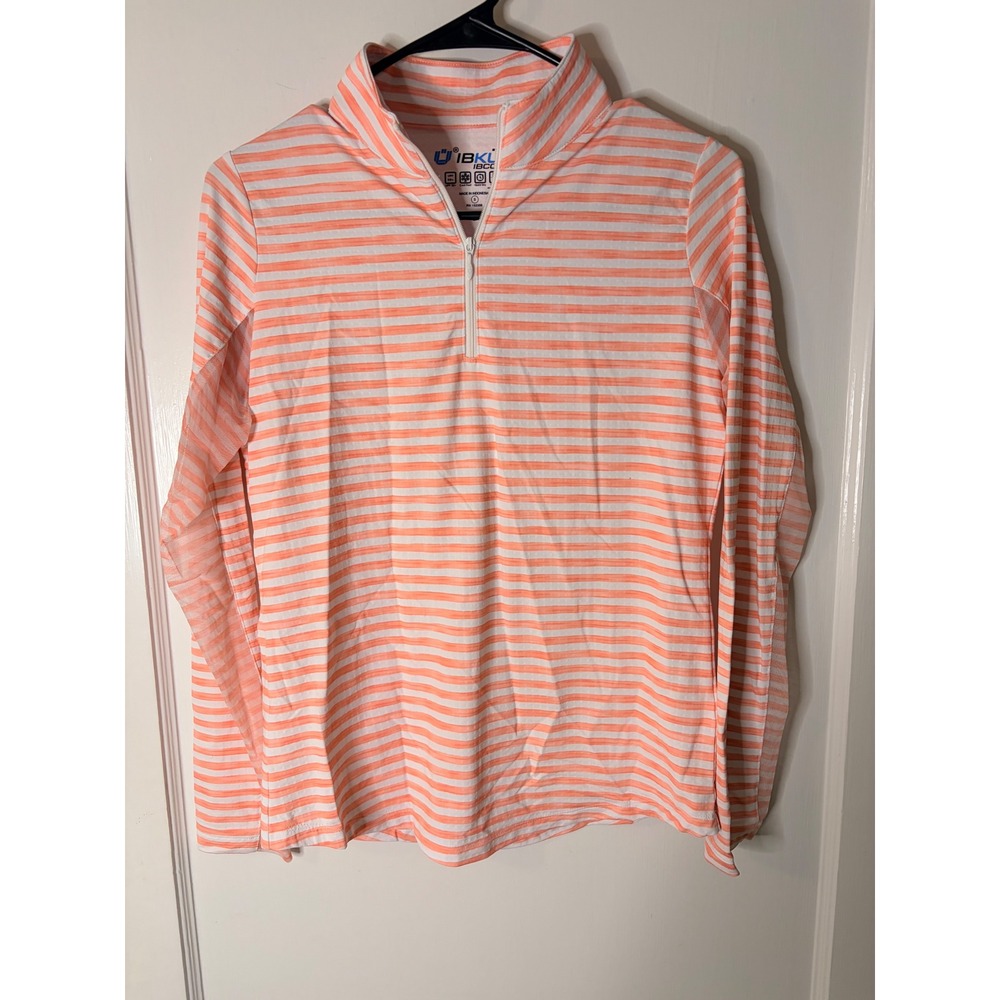 Ibkul IBCOOL Womens coral White Striped Quarter Zip UPF 50 Long Sleeve Top S